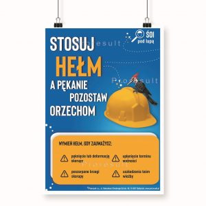 Na obrazku znajduje się niebieski plakat bhp o ochronie głowy, oraz o poprawnym używaniu kasku - Plakat BHP Proresult
