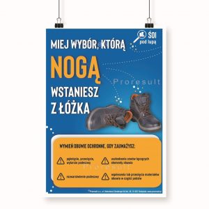 Na obrazku jest niebieski plakat związany z obuwiem bhp oraz jego poprawnym stosowaniem - Plakat BHP Proresult