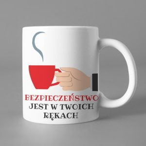 Na obrazku przedstawiony jest biały ceramiczny kubek z nadrukiem - Kubki BHP Proresult