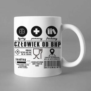Na obrazku przedstawiony jest biały ceramiczny kubek z napisem " Człowiek od BHP" - Kubki BHP Proresult