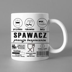 Na obrazku przedstawiony jest biały ceramiczny kubek z nadrukiem i napisem - Kubki BHP Proresult