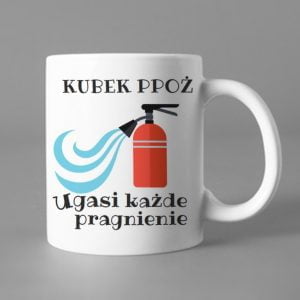 Na obrazku przedstawiony jest biały ceramiczny kubek z nadrukiem i napisem - Kubki BHP Proresult