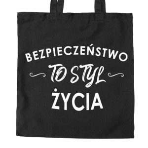 Na obrazku przedstawiona jest czarna torba z białym nadrukowanym napisem "Bezpieczeństwto styl życia" - Torby bhp Proresult