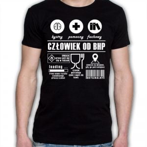 Na obrazku widać czarną koszulkę z napisem "człowiek od BHP" - Gadżety BHP Proresult