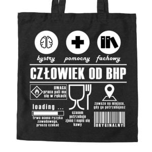 Na obrazku przedstawiona jest czarna torba z napisem "Człowiek od BHP" - Prezent BHP Proresult