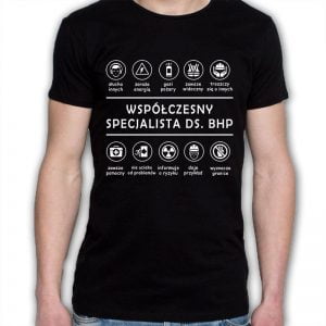 Na obrazku przedstawiona jest czarna koszulka z napisem "współczesny specjalista" - Gadżety BHP Proresult