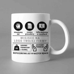 Na obrazku przedstawiony jest biały ceramiczny kubek z czarnym nadrukiem - Kubki BHP Proresult