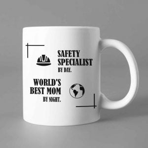 Na obrazku przedstawiony jest biały ceramiczny kubek safe mom - Dni bezpieczeństwa BHP Proresult