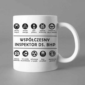 Na obrazku przedstawiono biały ceramiczny kubek: Współczesny inspektor ds. bhp - Kubki ceramiczne bhp Proresult