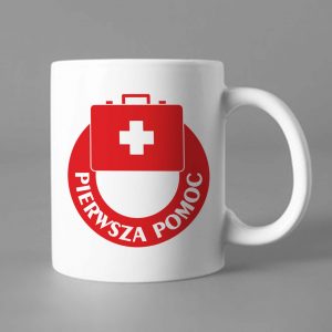 Na obrazku przedstawiono biały ceramiczne kubek pierwsza pomoc czerwony - Pierwsza Pomoc BHP Proresult