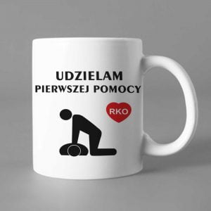 Na obrazku przedstawiono biały ceramiczny kubek z nadrukiem związany z pierwszą pomocą - Pierwsza pomoc BHP Proresult