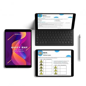 Na obrazku przedstawione są urządzenia elektroniczne: tablet i laptop a ich monitorach wyświetlane są Quizy BHP - home office i praca zdalna- Quizy BHP Proresult