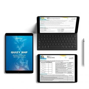 Na obrazku przedstawione są urządzenia elektroniczne: tablet i laptop a ich monitorach wyświetlane są Quizy BHP - środki ochrony indywidualnej - Quizy BHP Proresult