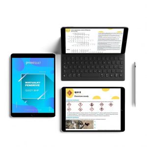 Na obrazku przedstawione są urządzenia elektroniczne: tablet i laptop a ich monitorach wyświetlane są Quizy BHP - wirtualny pendrive - Quizy BHP Proresult