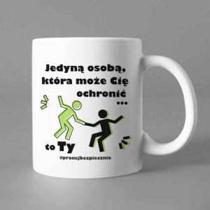 Na obrazku przedstawiono biały ceramiczny kubek z napisami - Konkurs BHP Proresult