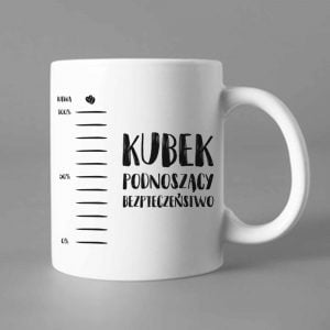 Na obrazku przedstawiono biały ceramiczny kubek z napisem " Kubek podnoszący bezpieczeństwo" - Grywalizacja BHP Proresult