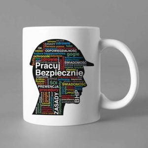 Na obrazku przedstawiono biały ceramiczny kubek z czarnym nadrukiem głowy - Kubki BHP Proresult