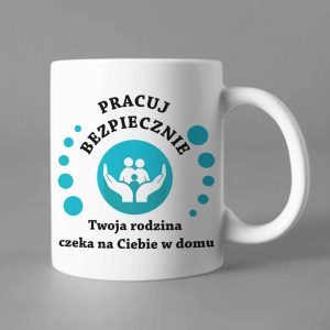 Na obrazku przedstawiono biały ceramiczny kubek z napisem " Pracuj bezpiecznie" i z błękitnym nadrukiem - Kubek BHP Proresult