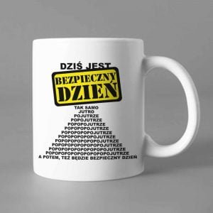Na obrazku przedstawiono biały ceramiczny kubek z nadrukiem - Konkurs BHP Proresult