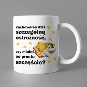 Na obrazku przedstawiono biały ceramiczny kubek z nadrukiem napisów - Kubek BHP Proresult