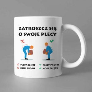 Na obrazku przedstawiono biały ceramiczny kubek z nadrukiem związanym z ergonomicznym podnoszeniem ładunków - Ergonomia BHP Proresult