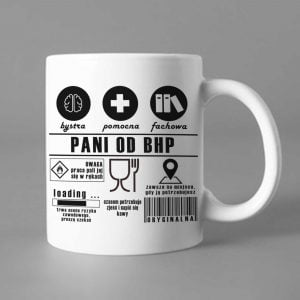 Na obrazku przedstawiony jest biały ceramiczny kubek z napisem " Pani od BHP" - Konkurs BHP Proresult