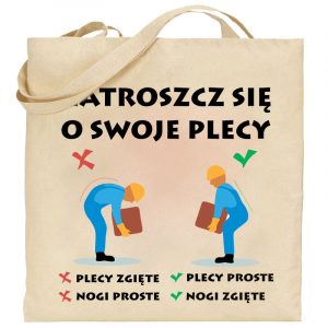 Na obrazku przedstawiona jest torba w kolorze ecru z nadrukiem związanym z ergonomią - Ergonomia BHP Proresult