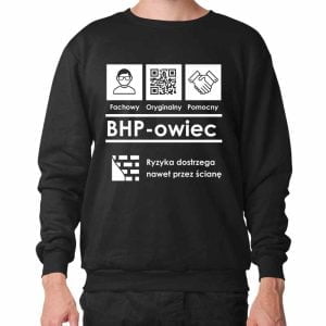 Na obrazku przedstawiona jest czarna bluza z białym nadrukiem - Bluzy BHP Proresult