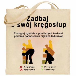 Na obrazku przedstawiona jest torba ecru z nadrukiem związanym z ergonomią - Ergonomia BHP Proresult