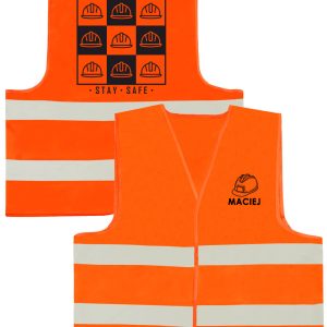 Na obrazku przedstawiona jest pomarańczowa kamizelka odblaskowa z nadrukiem - Kamizelka odblaskowa BHP Proresult