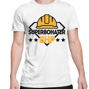 Na obrazku przedstawiona jest biała koszulka z napisem "superbohater BHP" - Prezent bhp Proresult