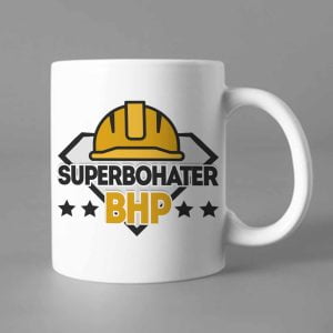 biały porcelanowy kubek z napisem SUPERBOHATER BHP - Gadżety bhp Proresult