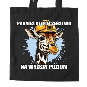 Na obrazku przedstawiona jest czarna torba z nadrukowaną żyrafą i napisem "Podnieś bezpieczeństwo na wyższy poziom" - Torby bawełniane BHP Proresult
