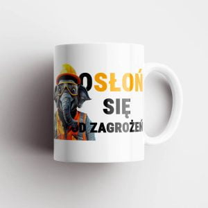 Na obrazku znajduje się kubek, a na nim grafika ze słoniem i hasłem "Osłoń się od zagrożeń" | Kubki BHP Proresult