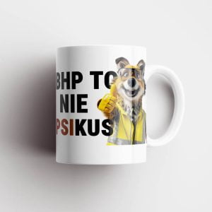 Na obrazku znajduje się kubek, a na nim grafika z psem i hasłem "BHP to nie psikus" | Kubki BHP Proresult