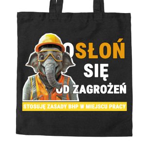 Na obrazku znajduje się czarna torba, a na niej grafika ze słoniem i tekstem "Osłoń się od zagrożeń" - Torby BHP Proresult