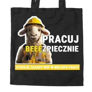 Na obrazku znajduje się torba czarna a na niej grafika z owcą i hasłem "Pracuj beeezpiecznie" - Torba BHP Proresult