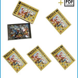 Na obrazku przedstawiono 5 sztuk pudełek z puzzlami "Gaśniczne wyzwanie" - Gry BHP Proresult