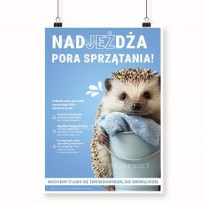 Mały jężyk z wiaderkiem i szmatką na niebieskim tle - Proresult