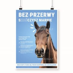 Brązowy koń na niebieskim tle, który wlepia swoje oczy w zasady bhp - Proresult