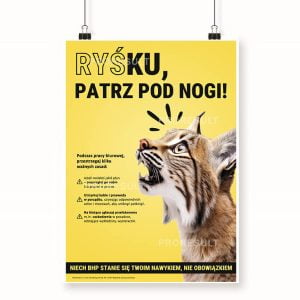 Ryś na żółyum tle z otwartą buzią i zdziwioną miną patrzący na wypisane zasady bhp - Proresult