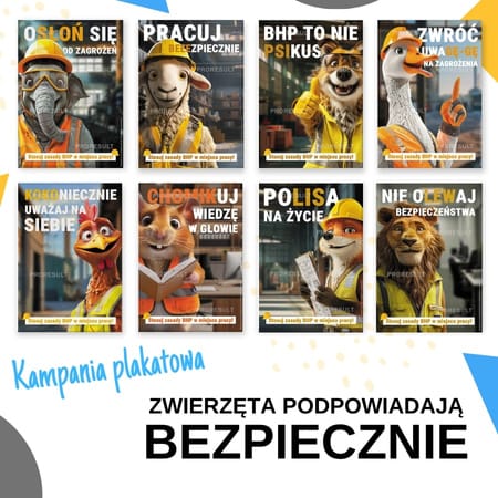 Seria plakatów z motywami zwierząt i hasłami bhp na białym tle.