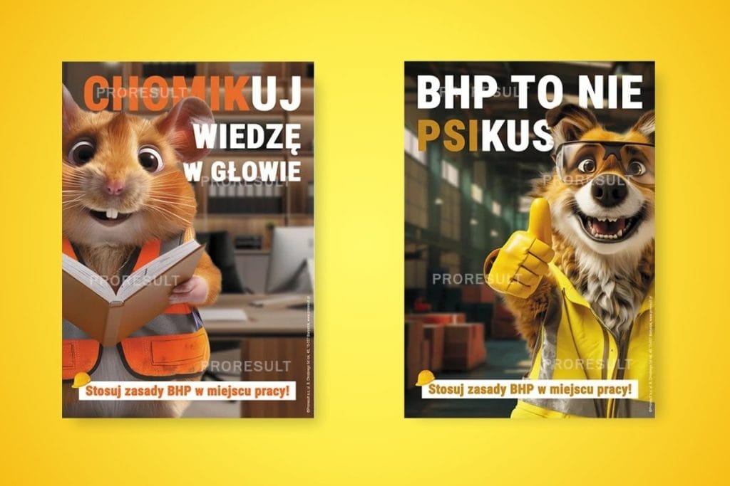Dwa plakaty na żółtym tle z kampanii plakatowej zwierzęta podpowiadają bezpiecznie